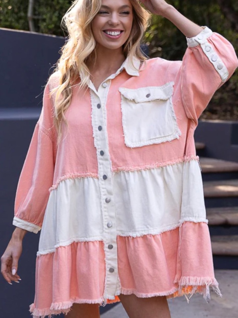 POL Pink & Cream Long Sleeve Tiered Denim Dress Western Boho Frayed Hem - Picture 2 of 11